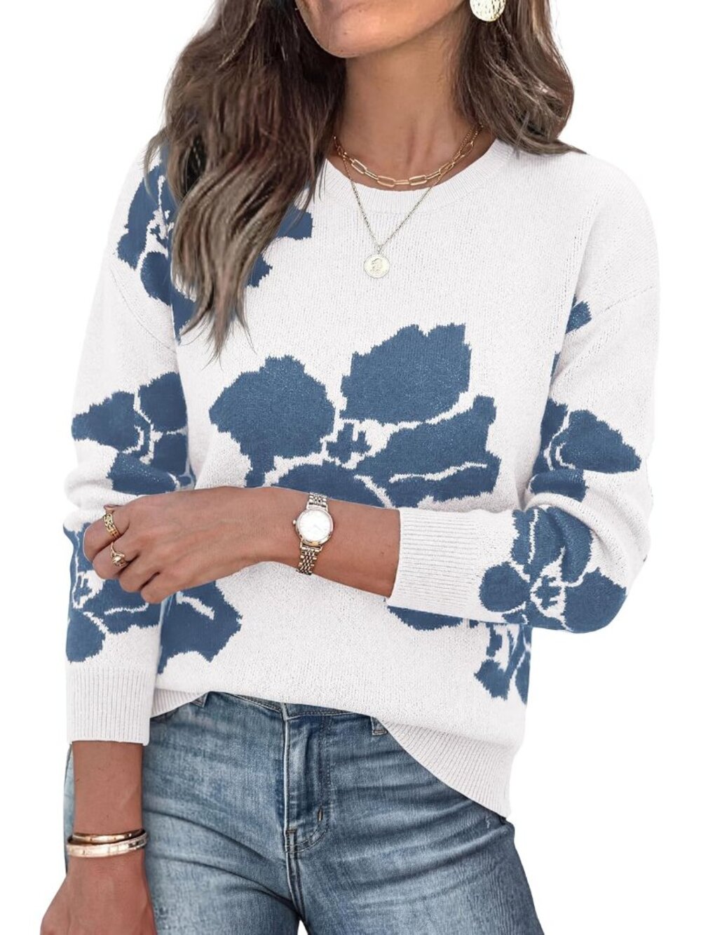 Women's Floral Crewneck Sweater - Cozy & Trendy for Fall & Winter